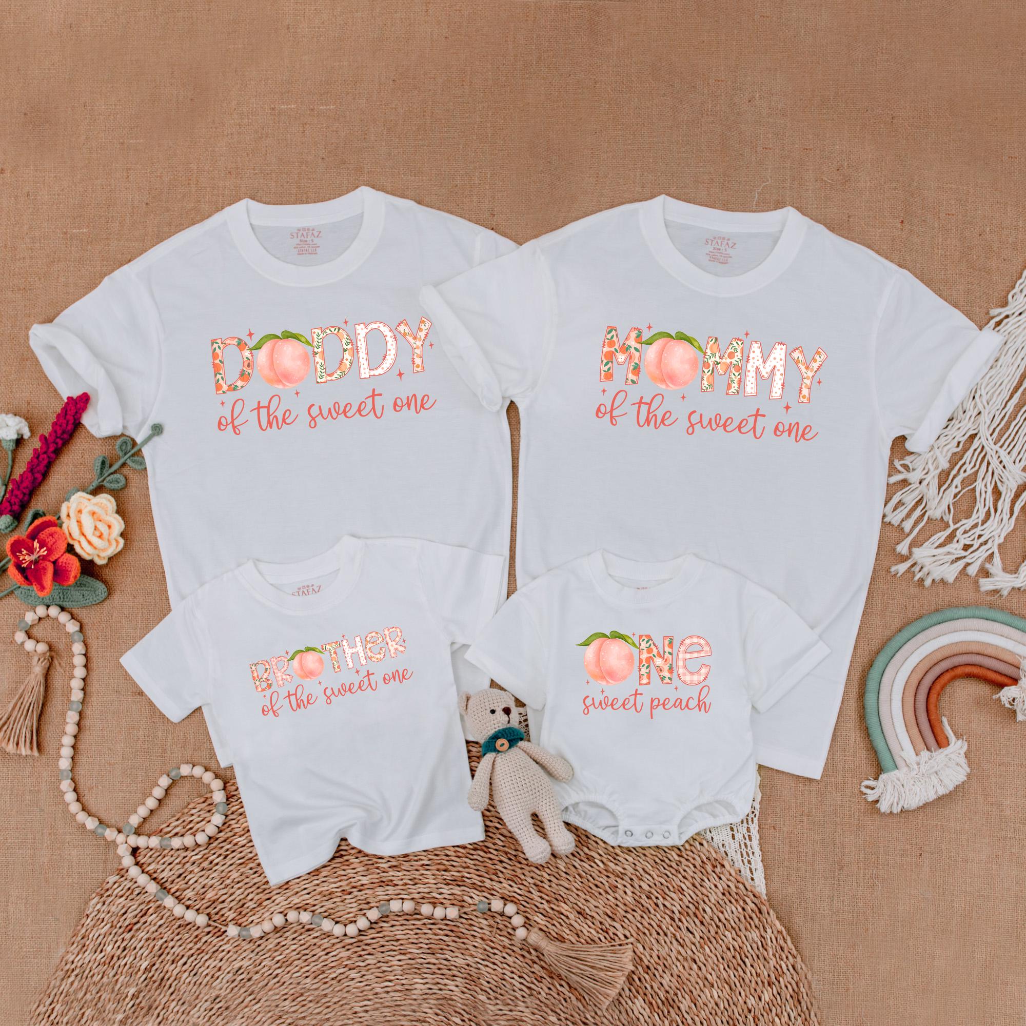 One Sweet Peach Family Matching Shirts for First Birthday Celebration Soft Cotton Customizable Outfit with Peach Graphic Design