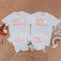 One Sweet Peach Family Matching Shirts for First Birthday Celebration Soft Cotton Customizable Outfit with Peach Graphic Design