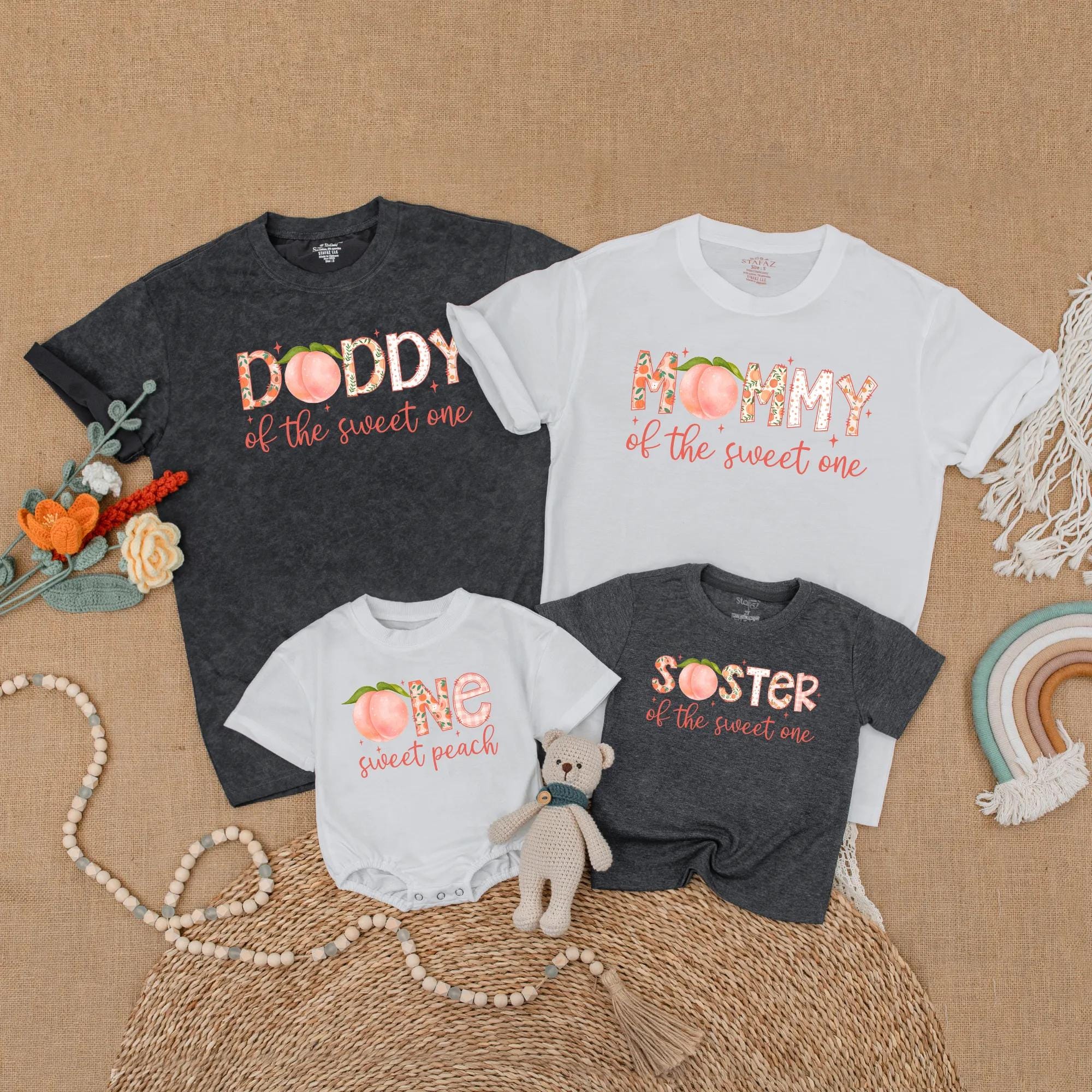One Sweet Peach Family Matching Shirts for First Birthday Celebration Soft Cotton Customizable Outfit with Peach Graphic Design