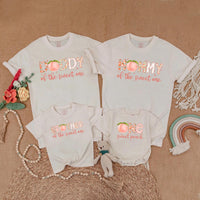 One Sweet Peach Family Matching Shirts for First Birthday Celebration Soft Cotton Customizable Outfit with Peach Graphic Design