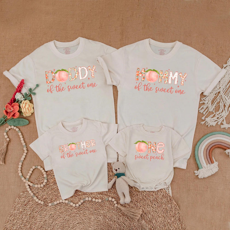 One Sweet Peach Family Matching Shirts for First Birthday Celebration Soft Cotton Customizable Outfit with Peach Graphic Design