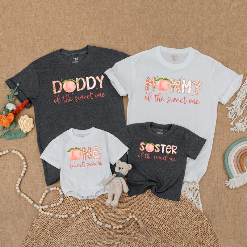 One Sweet Peach Family Matching Shirts for First Birthday Celebration Soft Cotton Customizable Outfit with Peach Graphic Design