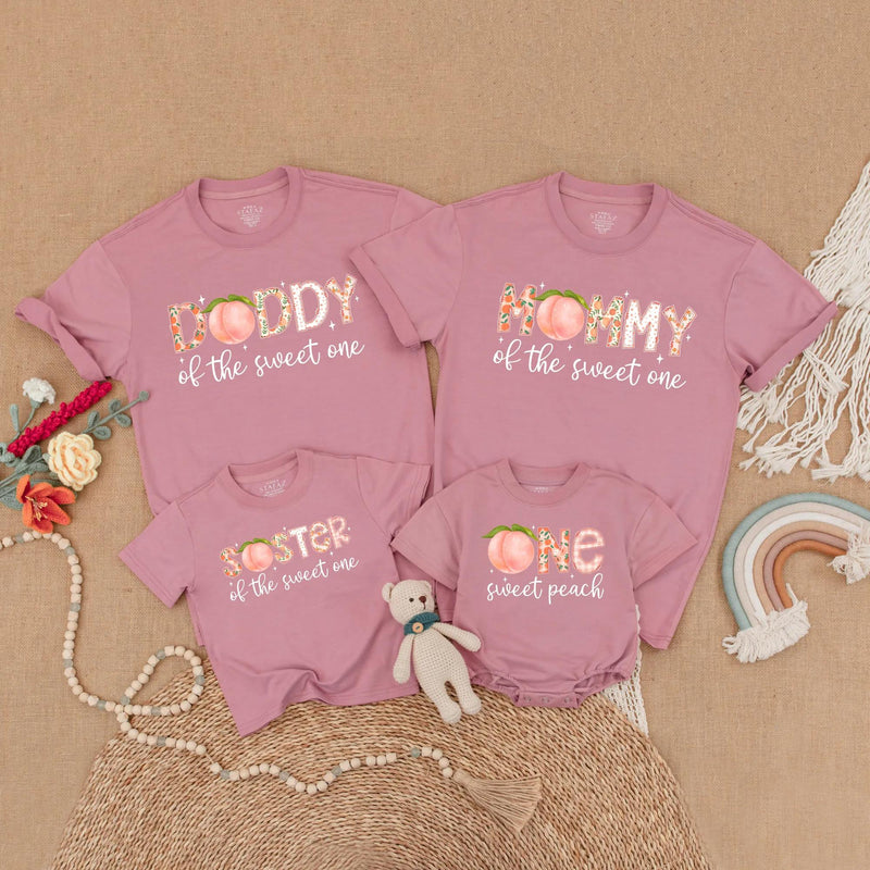 One Sweet Peach Family Matching Shirts for First Birthday Celebration Soft Cotton Customizable Outfit with Peach Graphic Design