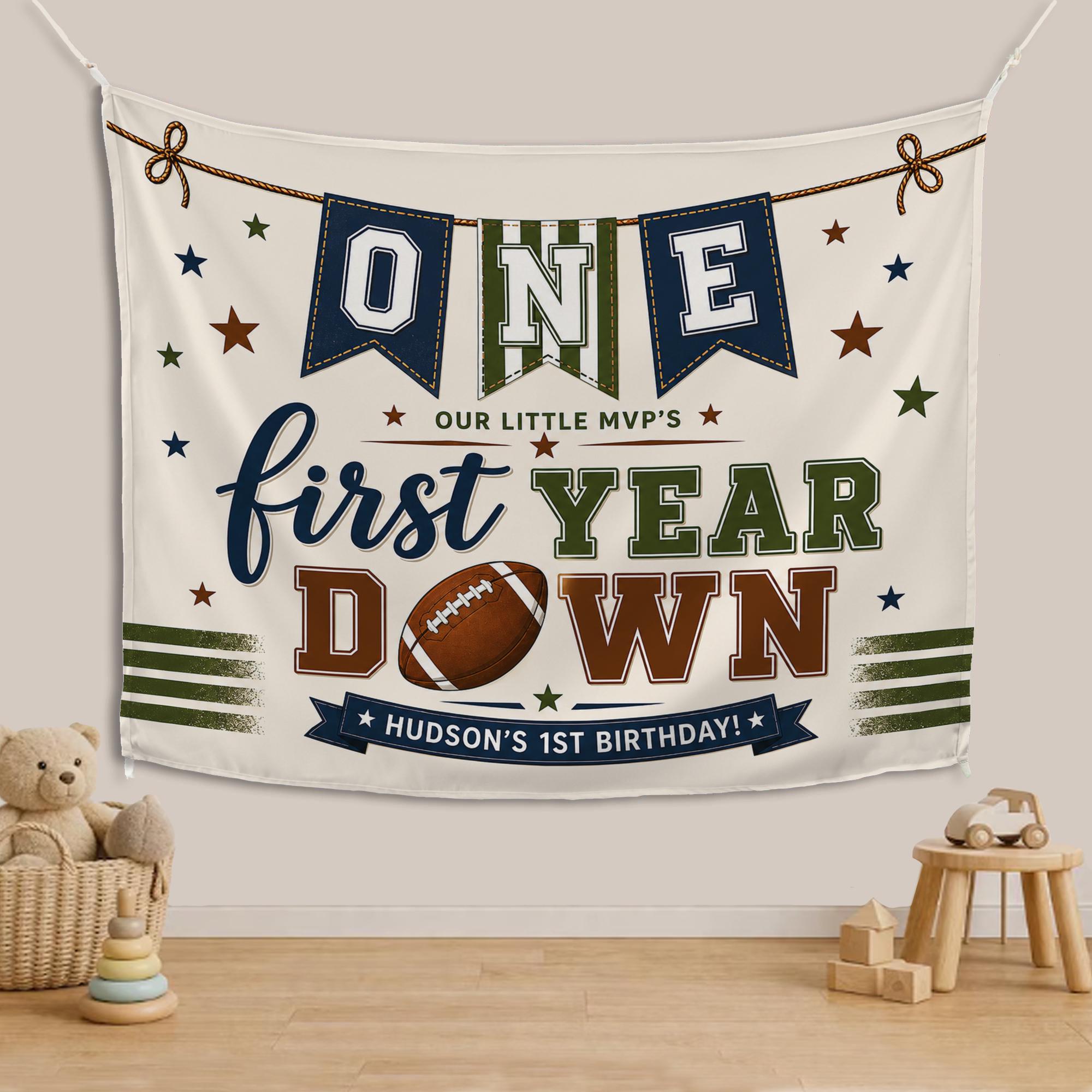 One Year Down Football Birthday Banner with Custom Name, First Birthday Party Decoration, Sports Theme Silk Backdrop