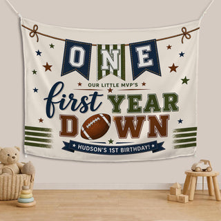 One Year Down Football Birthday Banner with Custom Name, First Birthday Party Decoration, Sports Theme Silk Backdrop