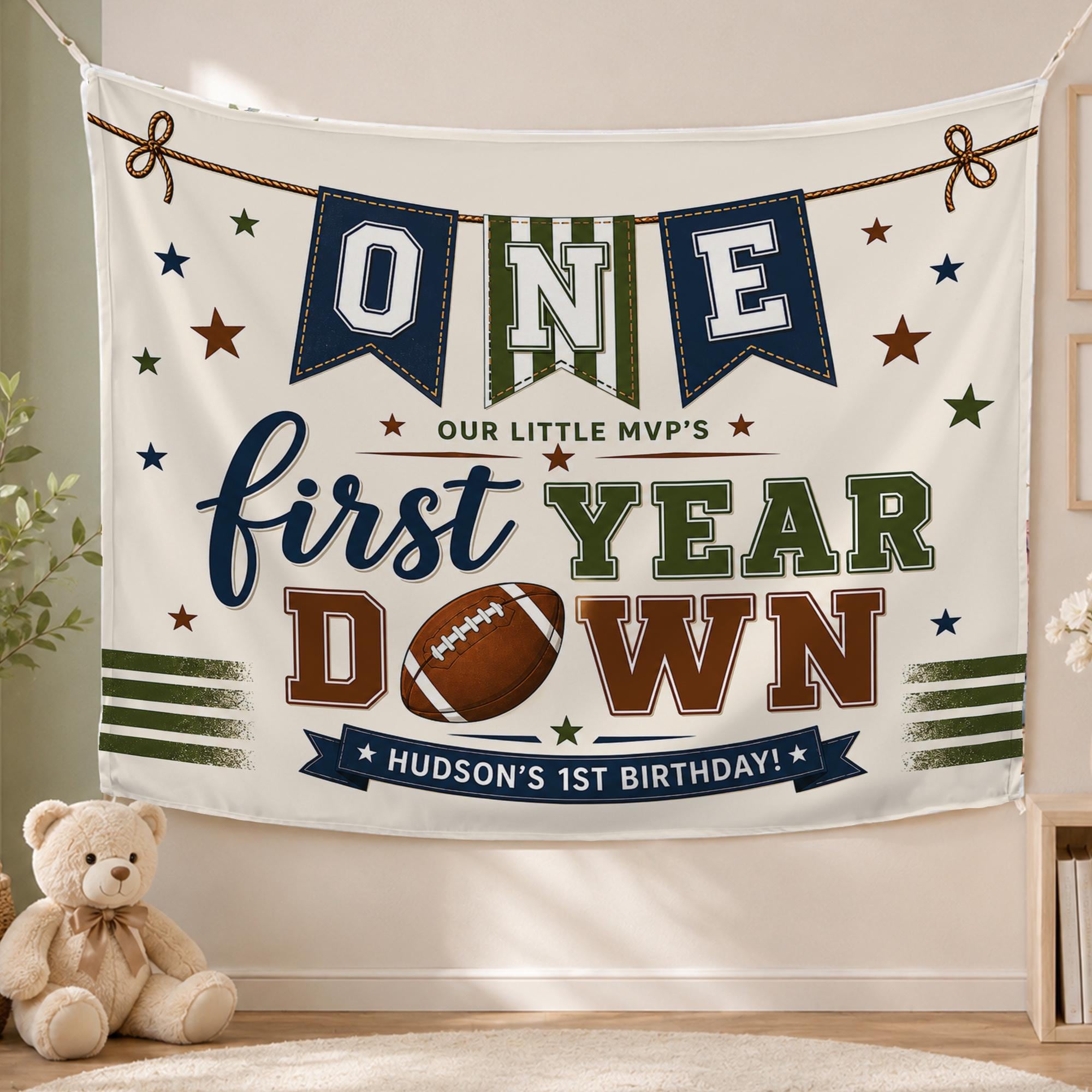 One Year Down Football Birthday Banner with Custom Name, First Birthday Party Decoration, Sports Theme Silk Backdrop