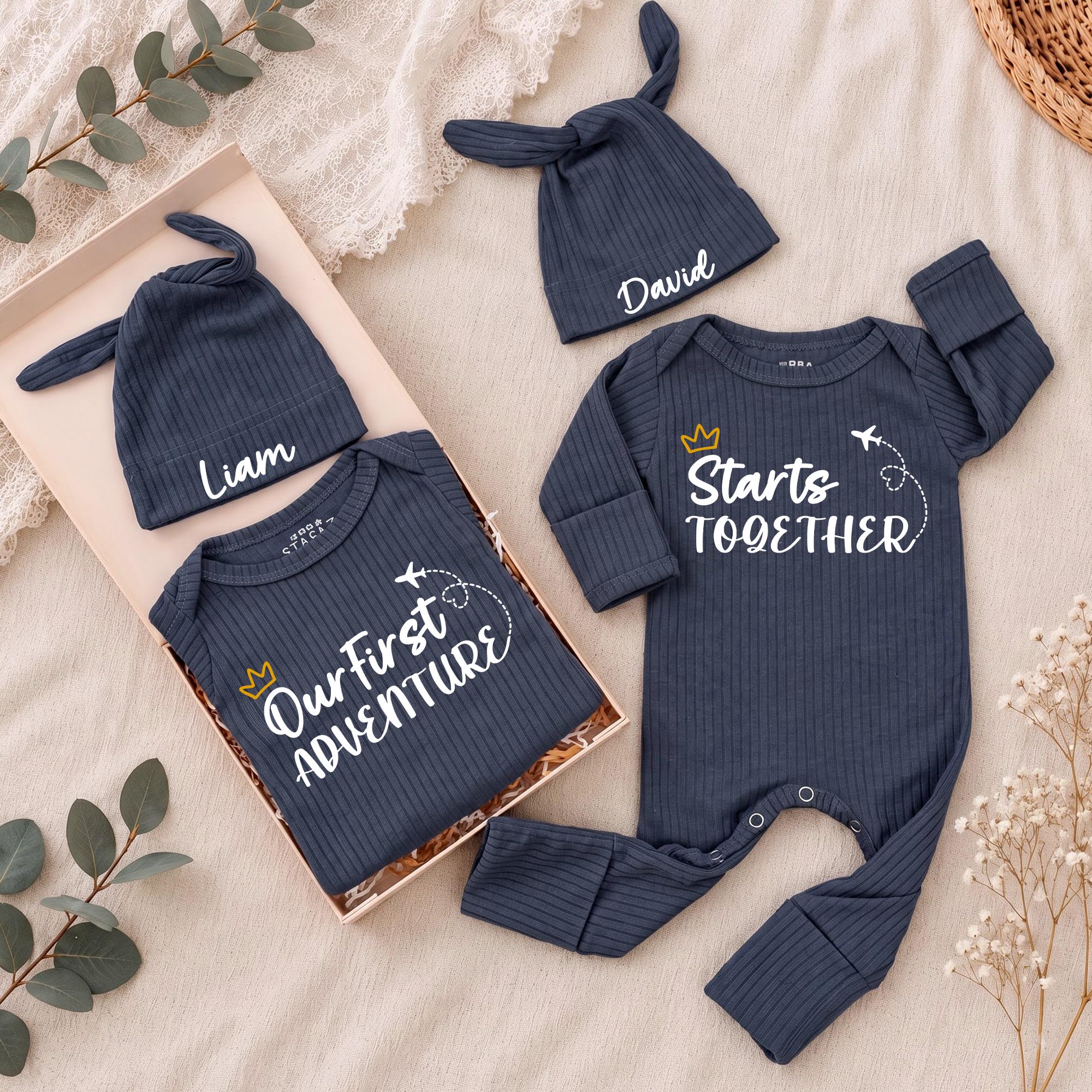 Our First Adventure Starts Together Baby Bodysuit and Hat Set with Custom Name, Matching Twin Coming Home Outfit