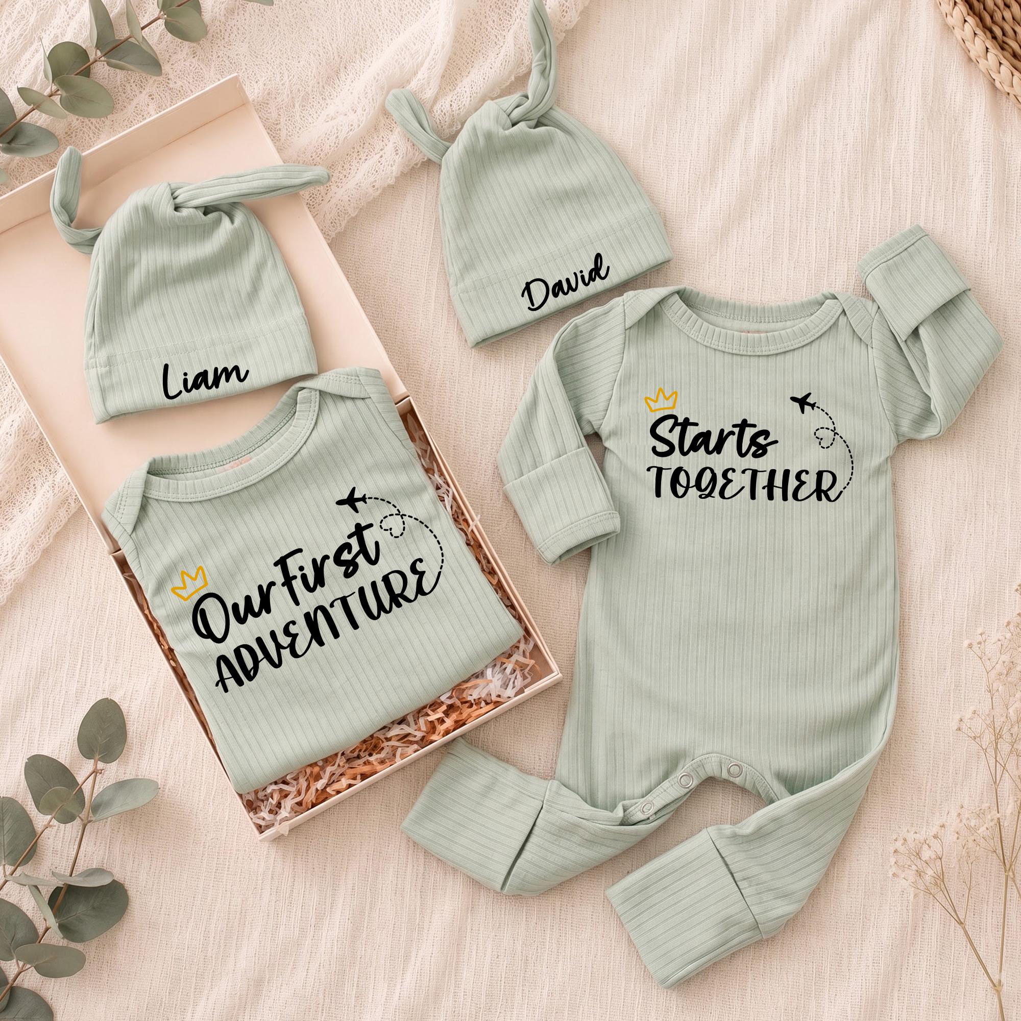Our First Adventure Starts Together Baby Bodysuit and Hat Set with Custom Name, Matching Twin Coming Home Outfit