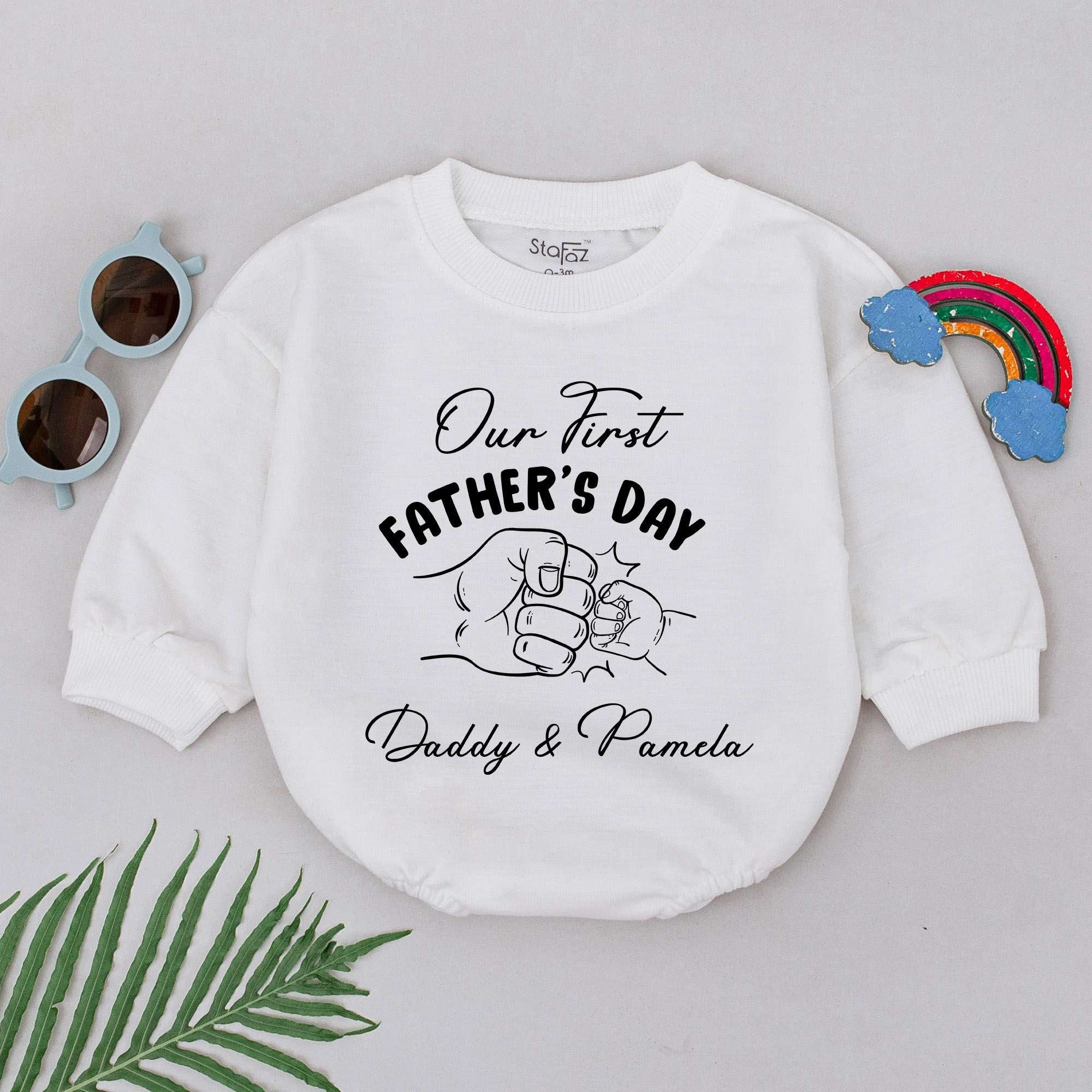 Our First Father's Day Romper Personalized Baby Outfit Custom Name Daddy Gift Sweet Design for Infant Girls or Boys Soft Cotton Wear