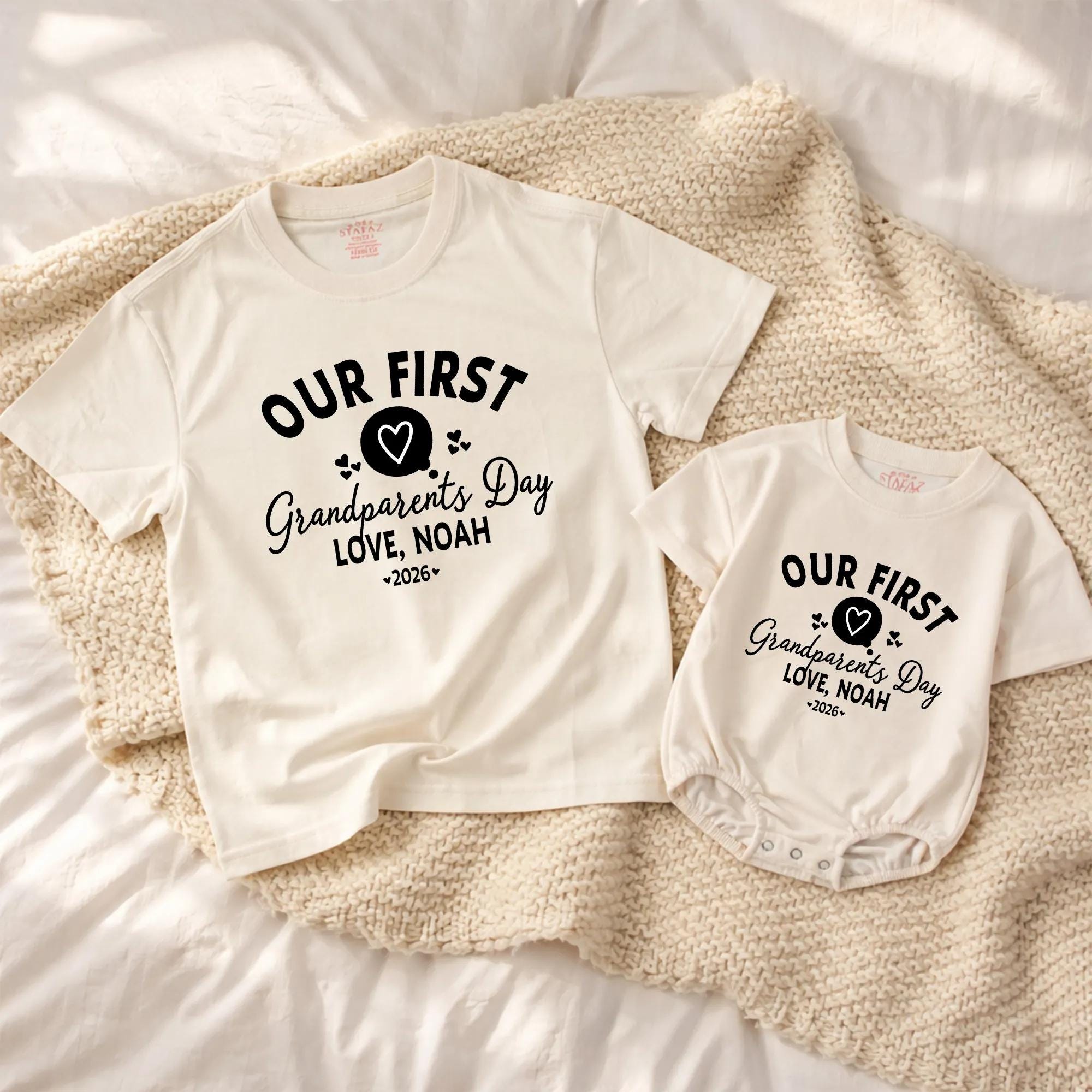 Our First Grandparents Day Matching Shirts with Custom Name, Family Outfit for Grandma and Grandpa, Personalized Baby Romper