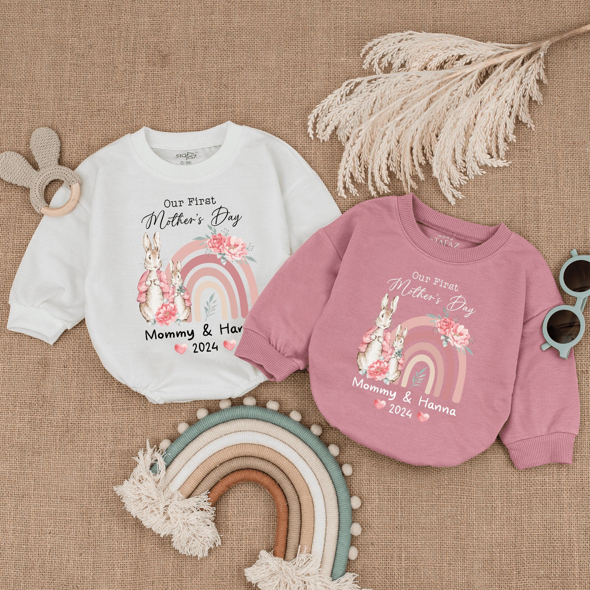 Our First Mother's Day Baby Romper with Bunny Pastel Rainbow Design Personalized Gift for Girls 2024 Soft Cotton Floral Bodysuit