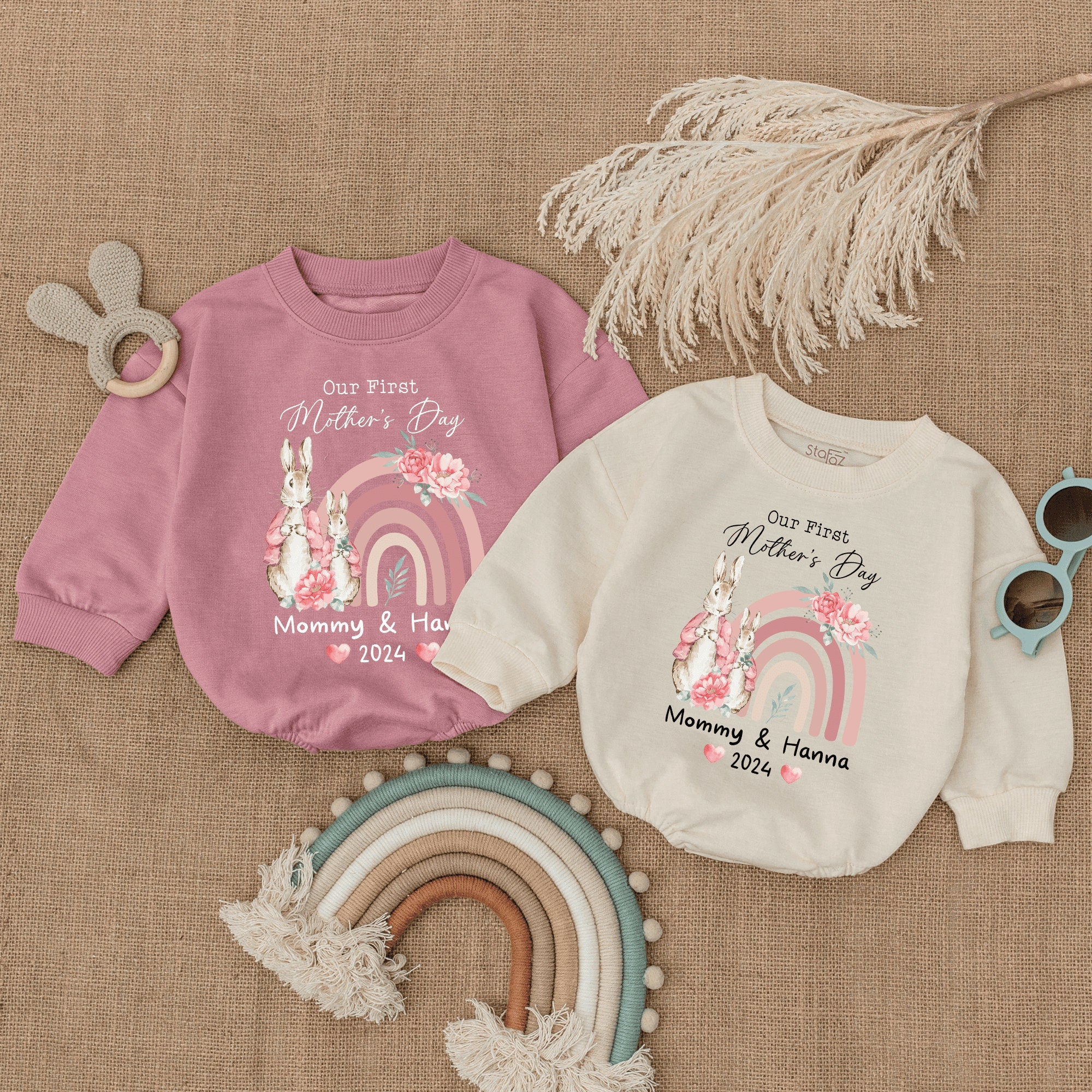 Our First Mother's Day Baby Romper with Bunny Pastel Rainbow Design Personalized Gift for Girls 2024 Soft Cotton Floral Bodysuit