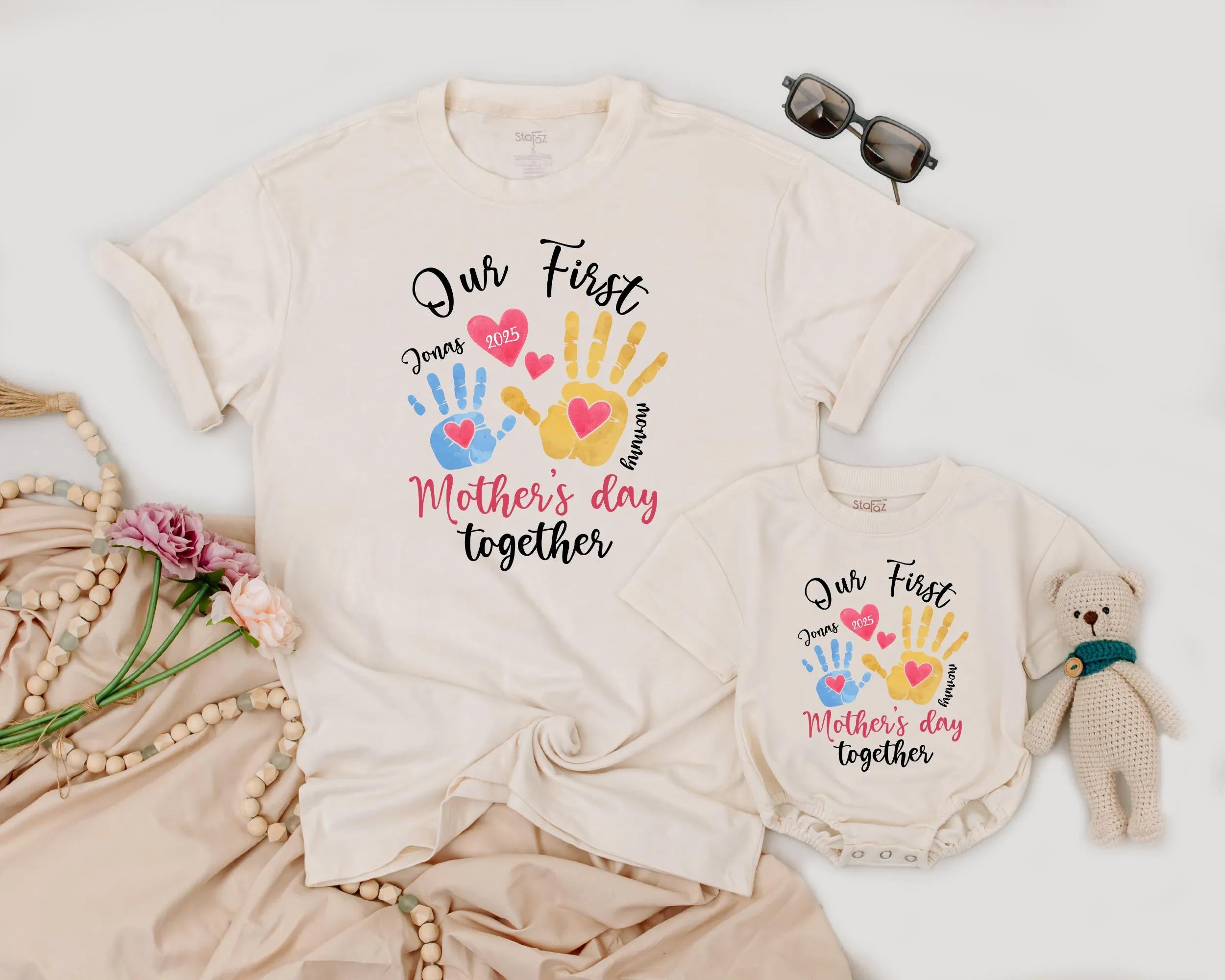 Our First Mother's Day Handprint Shirt Set for Mom and Baby Personalized Heart Design Soft Cotton Custom Gift Celebration Outfit