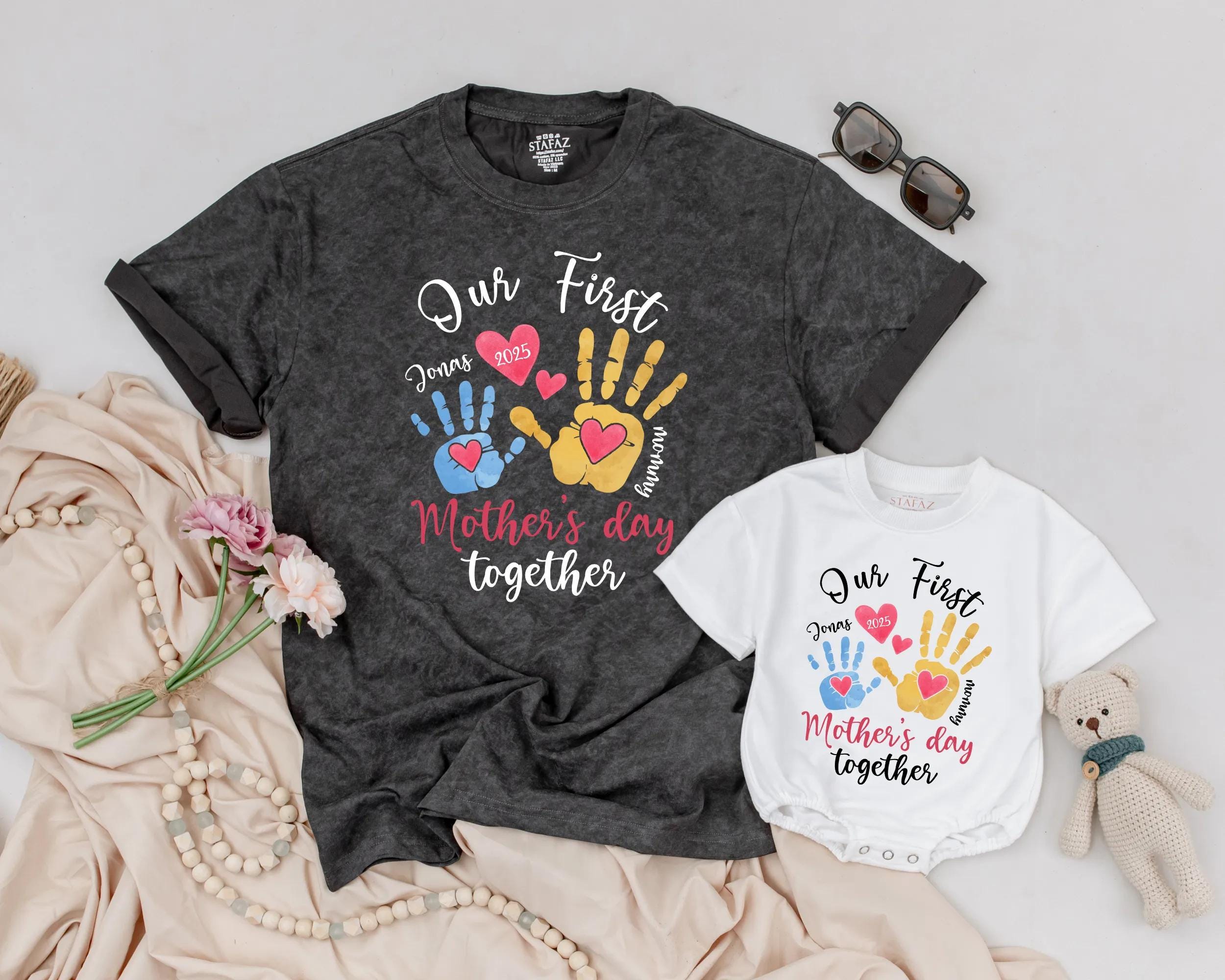 Our First Mother's Day Handprint Shirt Set for Mom and Baby Personalized Heart Design Soft Cotton Custom Gift Celebration Outfit