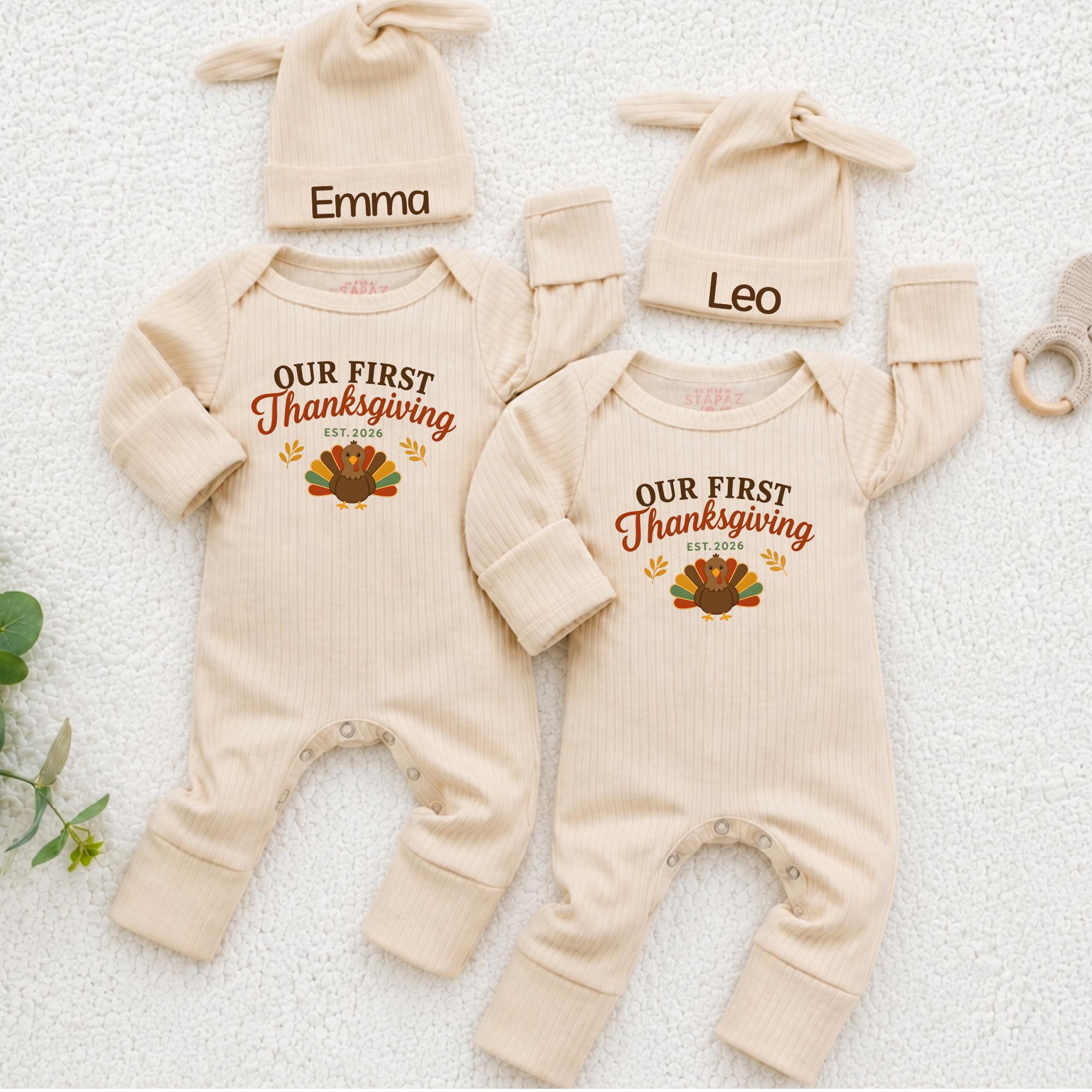 Our First Thanksgiving Baby Bodysuit and Hat Set with Turkey Graphic, Custom Name Option, Fall Twin Coming Home Outfit