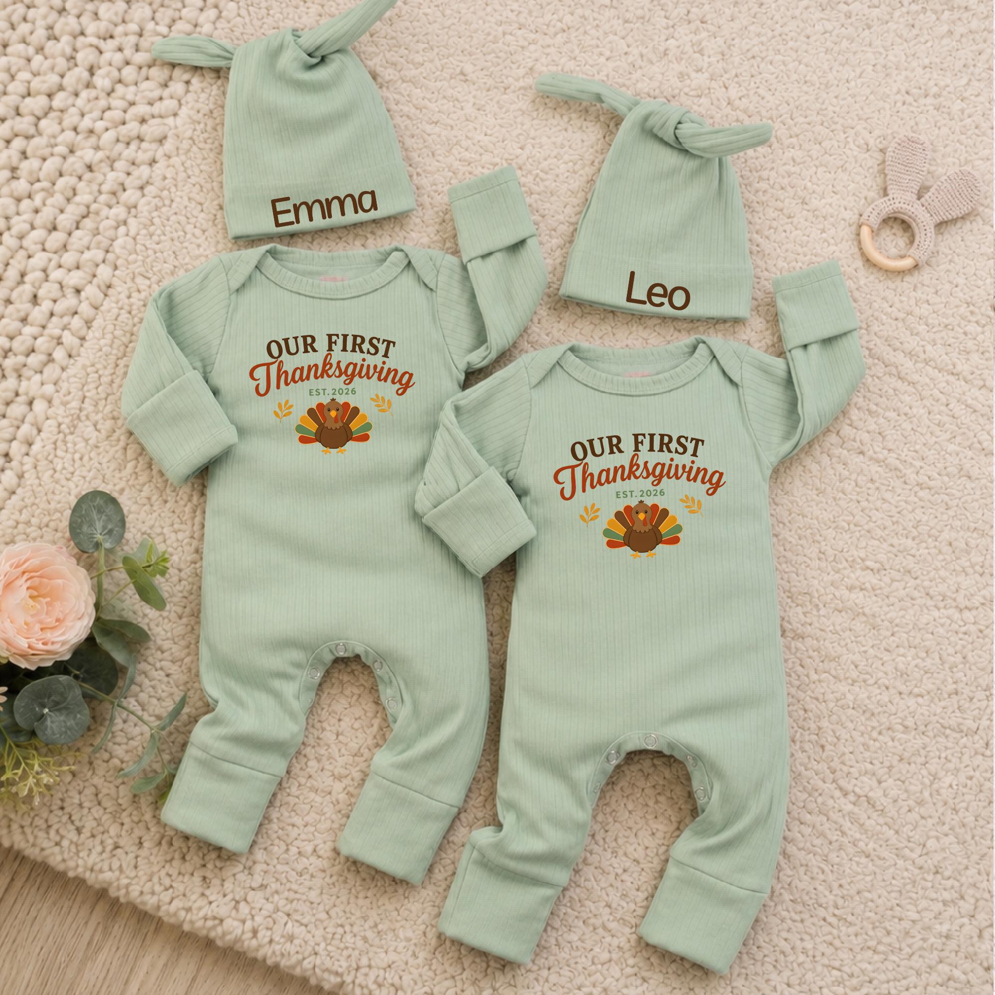 Our First Thanksgiving Baby Bodysuit and Hat Set with Turkey Graphic, Custom Name Option, Fall Twin Coming Home Outfit