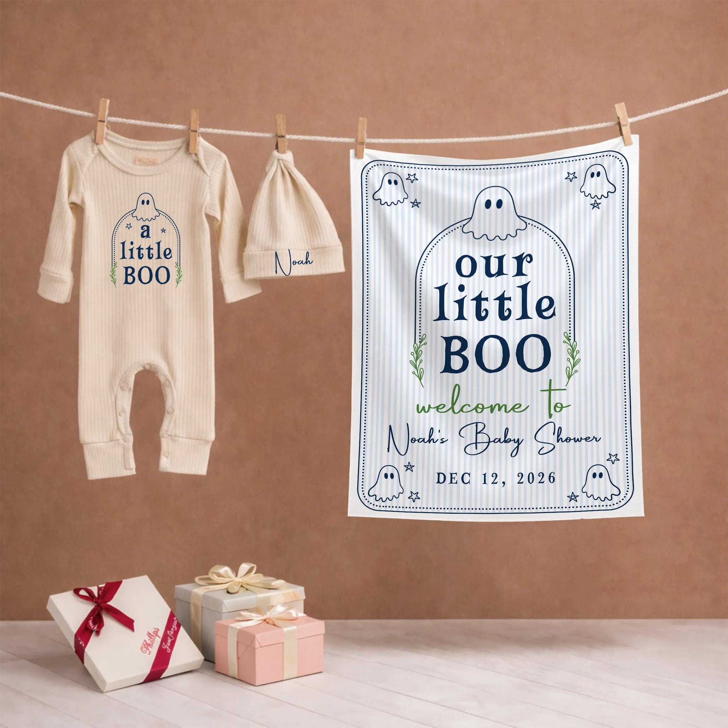 Our Little Boo Baby Shower Silk Banner with Ghost Design, Custom Name & Date, Halloween Party Welcome Sign Décor