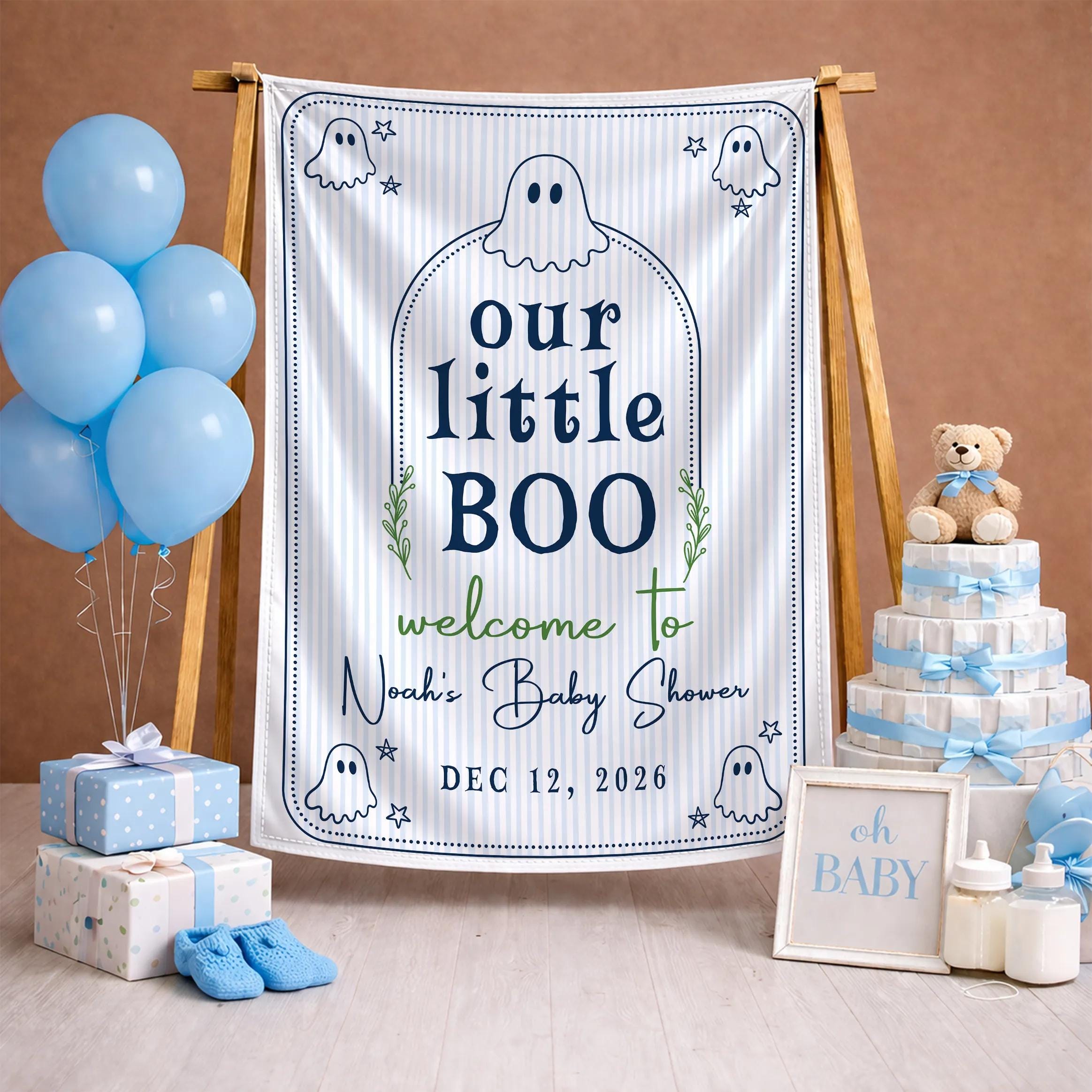 Our Little Boo Baby Shower Silk Banner with Ghost Design, Custom Name & Date, Halloween Party Welcome Sign Décor