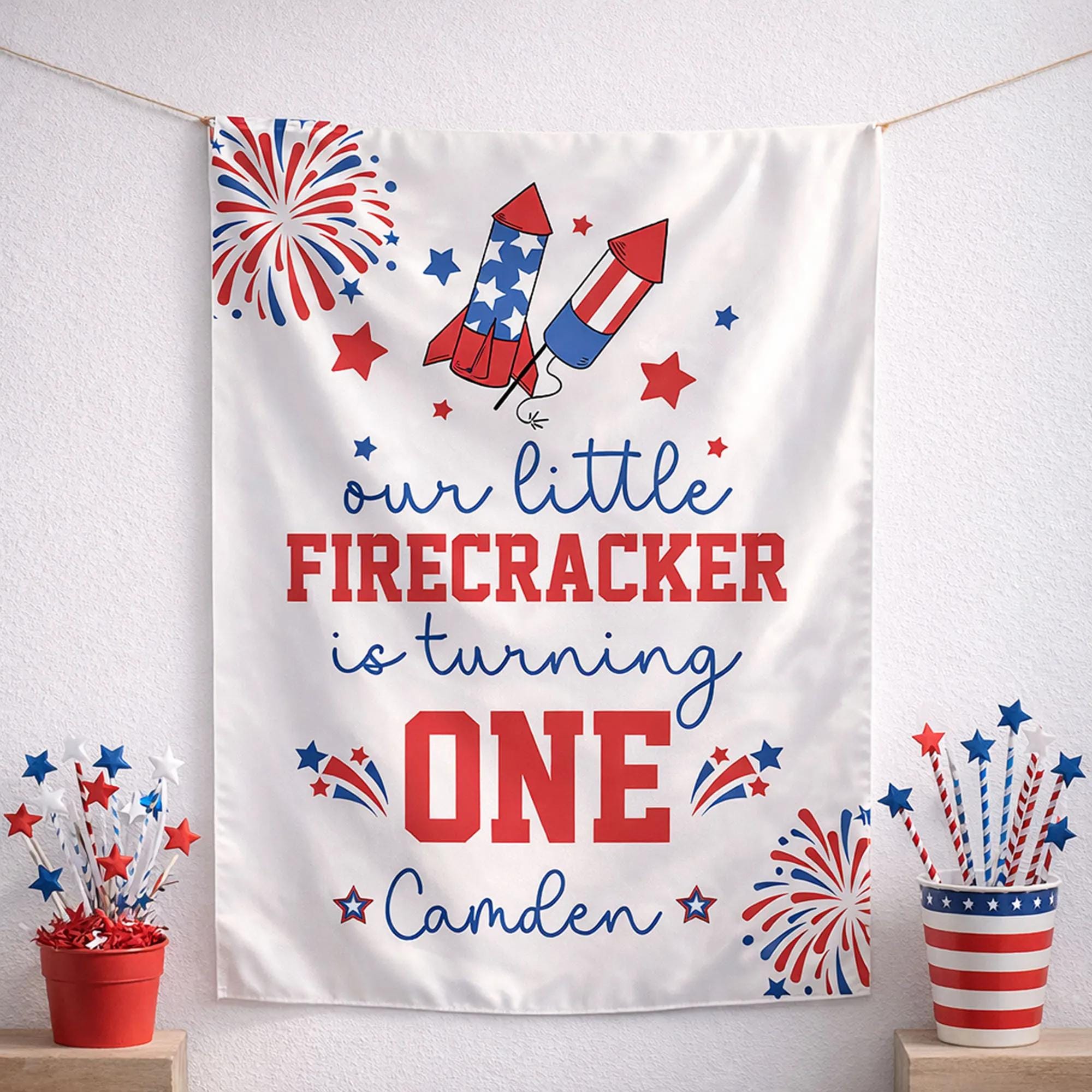 Our Little Firecracker 1st Birthday Banner, Patriotic Fourth of July Party Decor, Silk Baby Boy or Girl Celebration Decoration, Custom Name