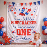 Our Little Firecracker 1st Birthday Banner, Patriotic Fourth of July Party Decor, Silk Baby Boy or Girl Celebration Decoration, Custom Name