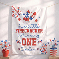 Our Little Firecracker 1st Birthday Banner, Patriotic Fourth of July Party Decor, Silk Baby Boy or Girl Celebration Decoration, Custom Name