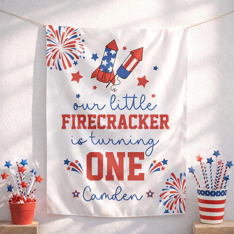 Our Little Firecracker 1st Birthday Banner, Patriotic Fourth of July Party Decor, Silk Baby Boy or Girl Celebration Decoration, Custom Name