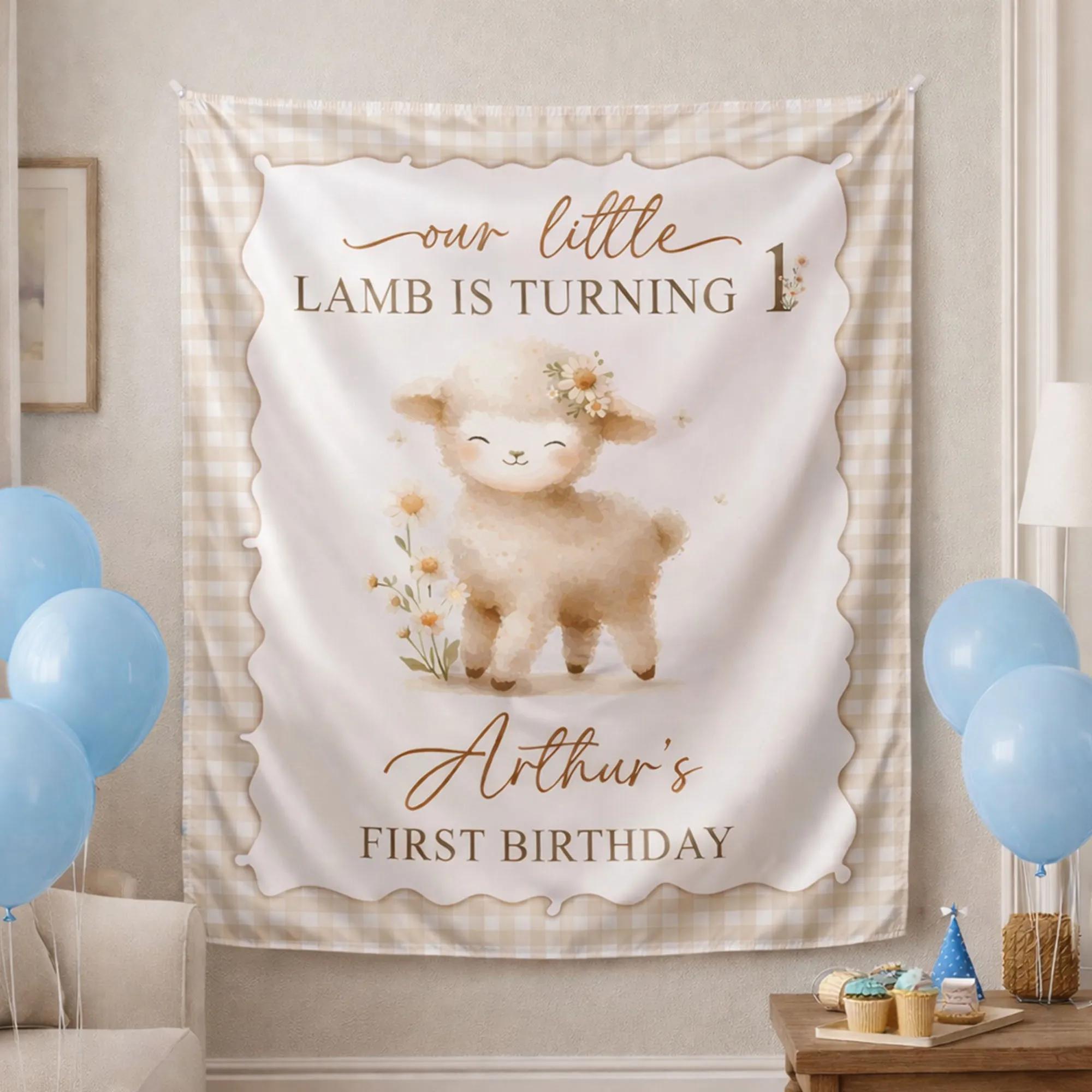 Our Little Lamb Turns One Silk Birthday Banner with Beige Gingham, Custom Baby Party Decor Farm Animal Theme Backdrop First Birthday
