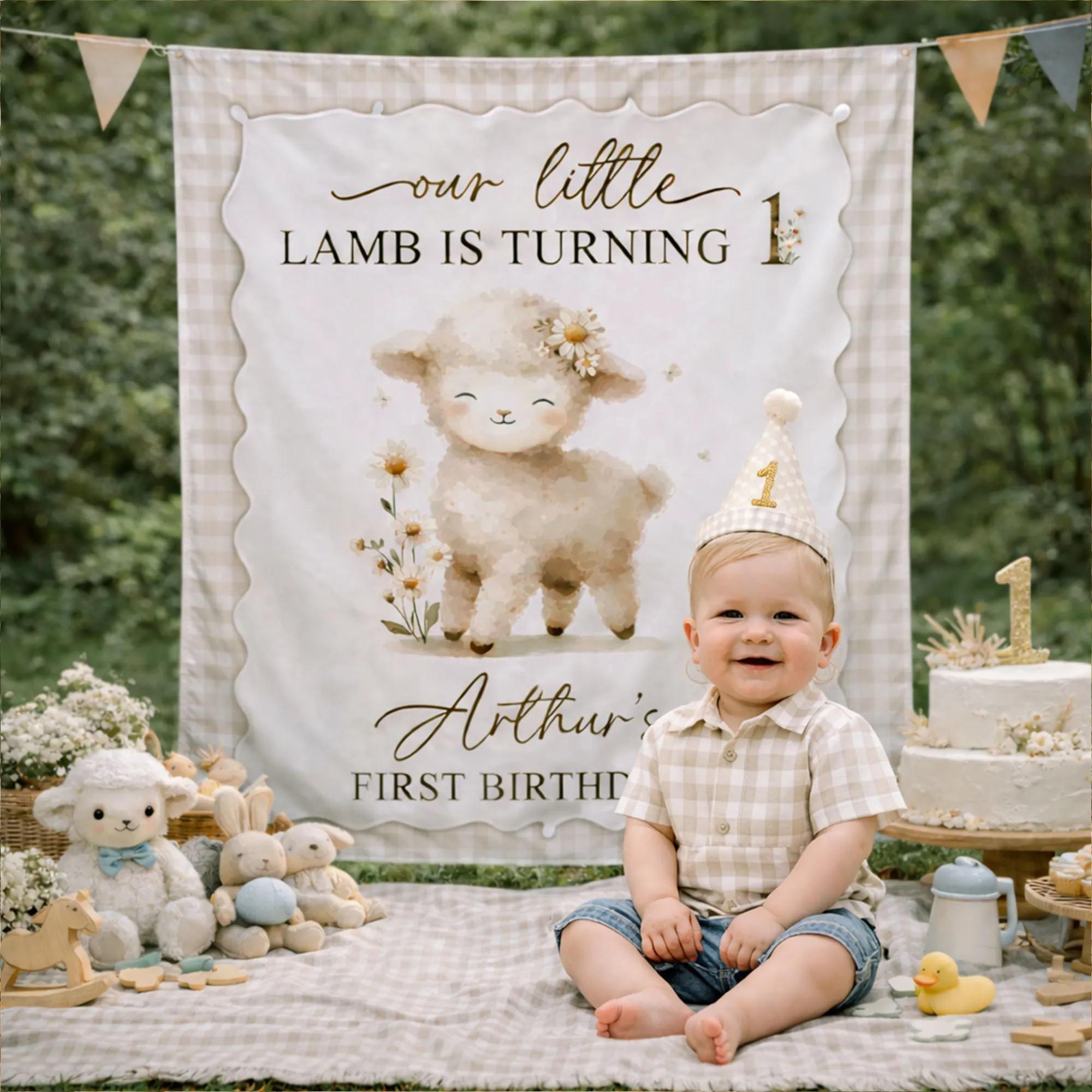 Our Little Lamb Turns One Silk Birthday Banner with Beige Gingham, Custom Baby Party Decor Farm Animal Theme Backdrop First Birthday