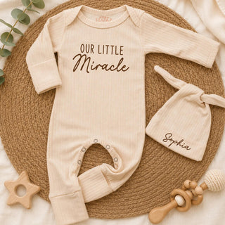 Our Little Miracle Baby Romper and Hat Set with Custom Name, Newborn Coming Home Outfit, Baby Shower Gift for Boys or Girls