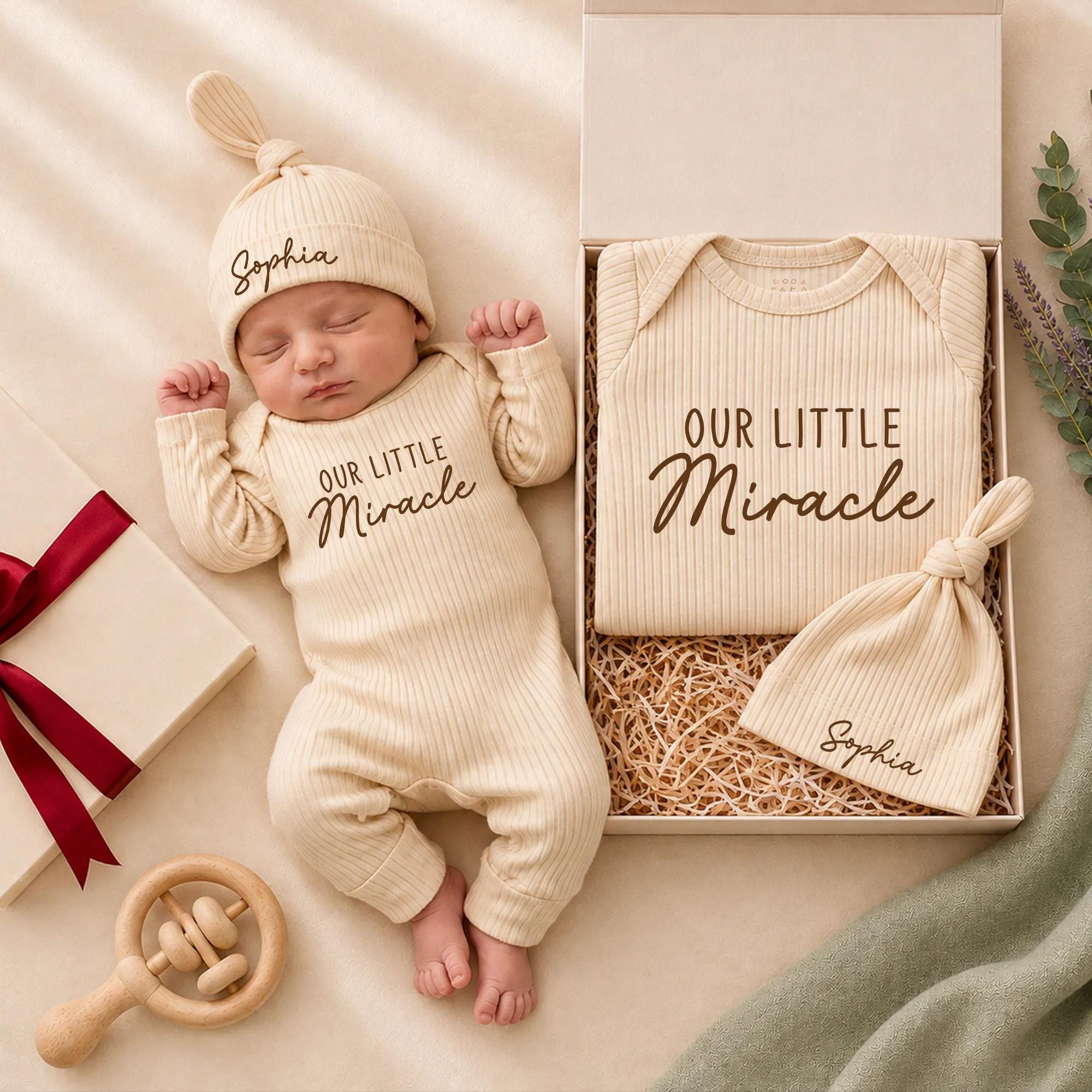 Our Little Miracle Baby Romper and Hat Set with Custom Name, Newborn Coming Home Outfit, Baby Shower Gift for Boys or Girls
