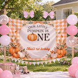 Our Little Pumpkin Is One Fall Birthday Banner with Custom Name, Autumn Theme 1st Birthday Milestone Silk Sign for Party Decor