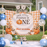 Our Little Pumpkin Is One Fall Birthday Banner with Custom Name, Autumn Theme 1st Birthday Milestone Silk Sign for Party Decor