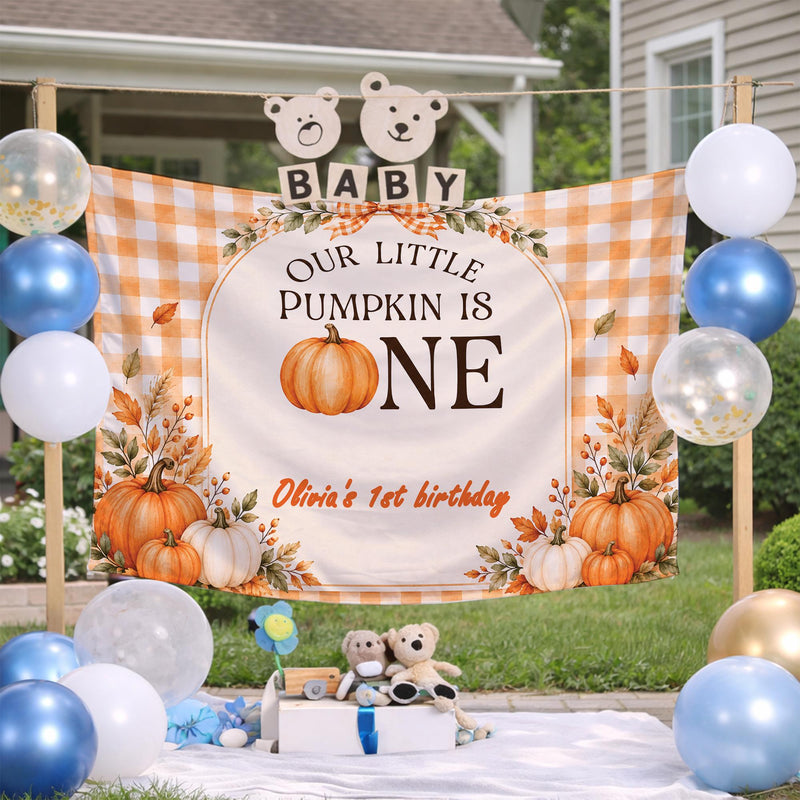 Our Little Pumpkin Is One Fall Birthday Banner with Custom Name, Autumn Theme 1st Birthday Milestone Silk Sign for Party Decor