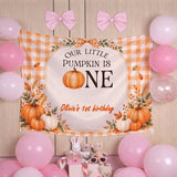 Our Little Pumpkin Is One Fall Birthday Banner with Custom Name, Autumn Theme 1st Birthday Milestone Silk Sign for Party Decor