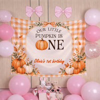 Our Little Pumpkin Is One Fall Birthday Banner with Custom Name, Autumn Theme 1st Birthday Milestone Silk Sign for Party Decor