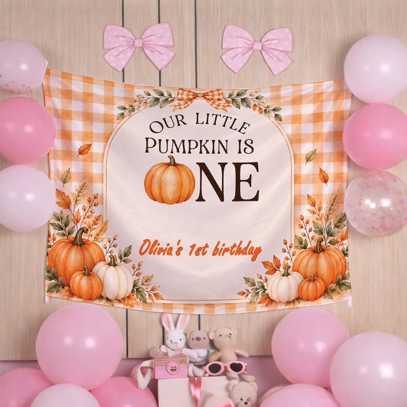 Our Little Pumpkin Is One Fall Birthday Banner with Custom Name, Autumn Theme 1st Birthday Milestone Silk Sign for Party Decor