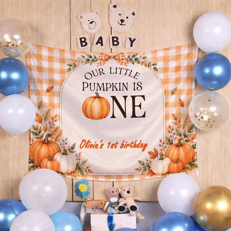 Our Little Pumpkin Is One Fall Birthday Banner with Custom Name, Autumn Theme 1st Birthday Milestone Silk Sign for Party Decor