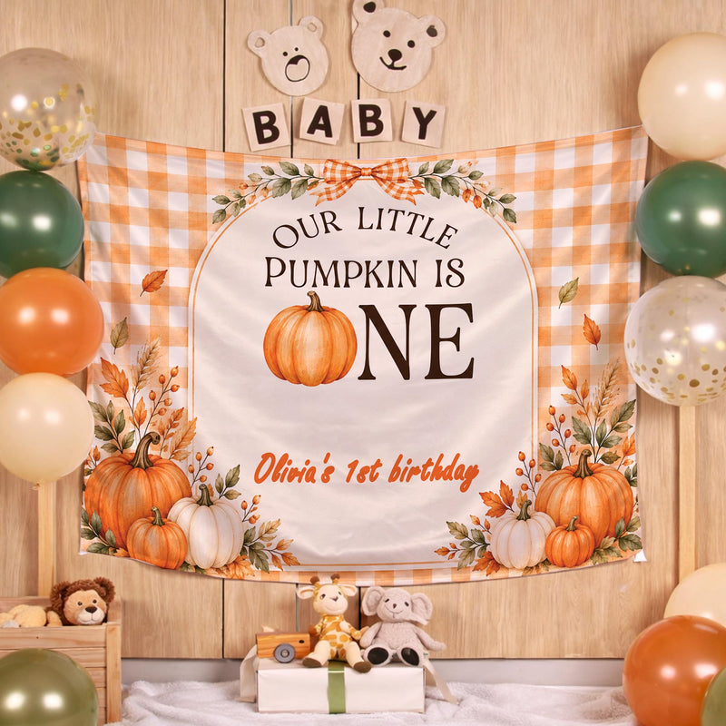 Our Little Pumpkin Is One Fall Birthday Banner with Custom Name, Autumn Theme 1st Birthday Milestone Silk Sign for Party Decor