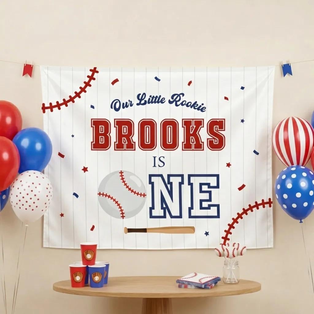 Our Little Rookie Turns One Baseball Birthday Banner Custom Name Baby Boy First Birthday Party Backdrop Red White Blue Sports Theme