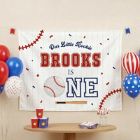 Our Little Rookie Turns One Baseball Birthday Banner Custom Name Baby Boy First Birthday Party Backdrop Red White Blue Sports Theme