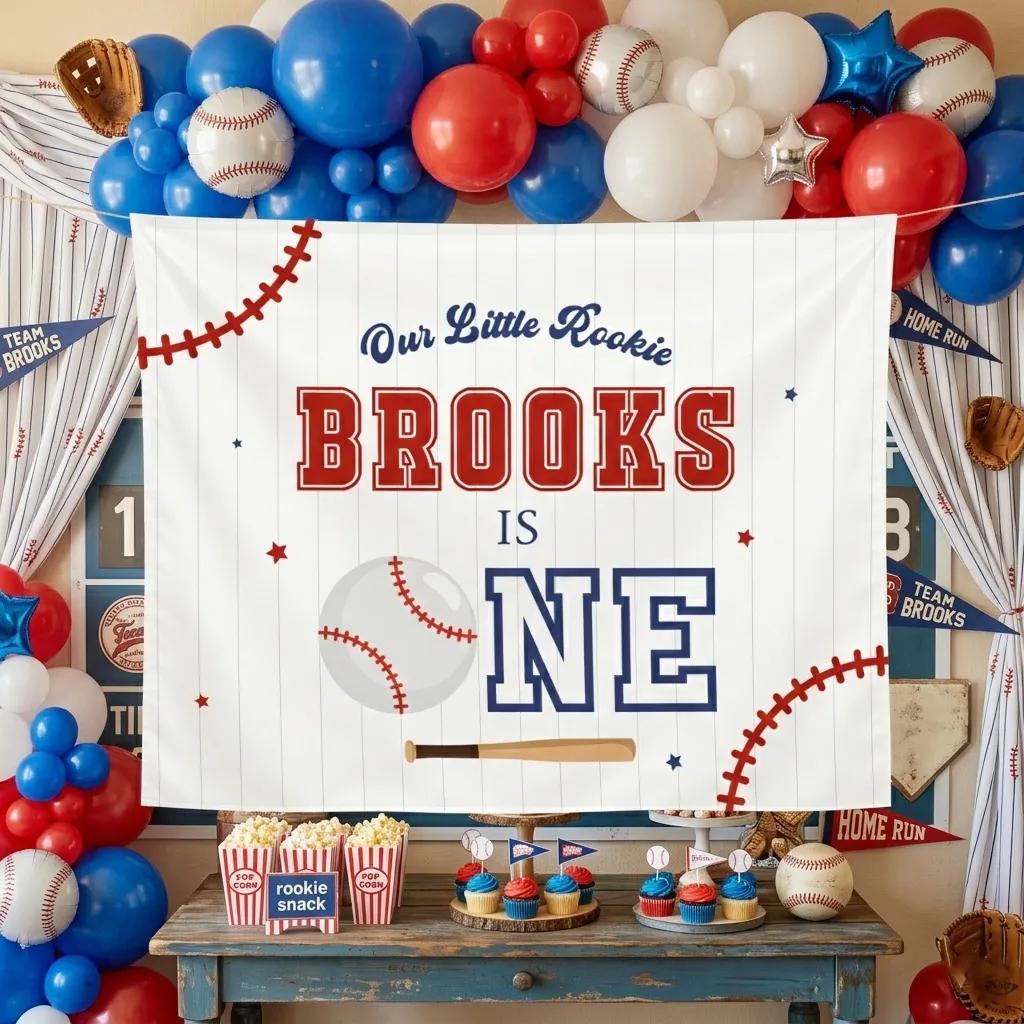Our Little Rookie Turns One Baseball Birthday Banner Custom Name Baby Boy First Birthday Party Backdrop Red White Blue Sports Theme