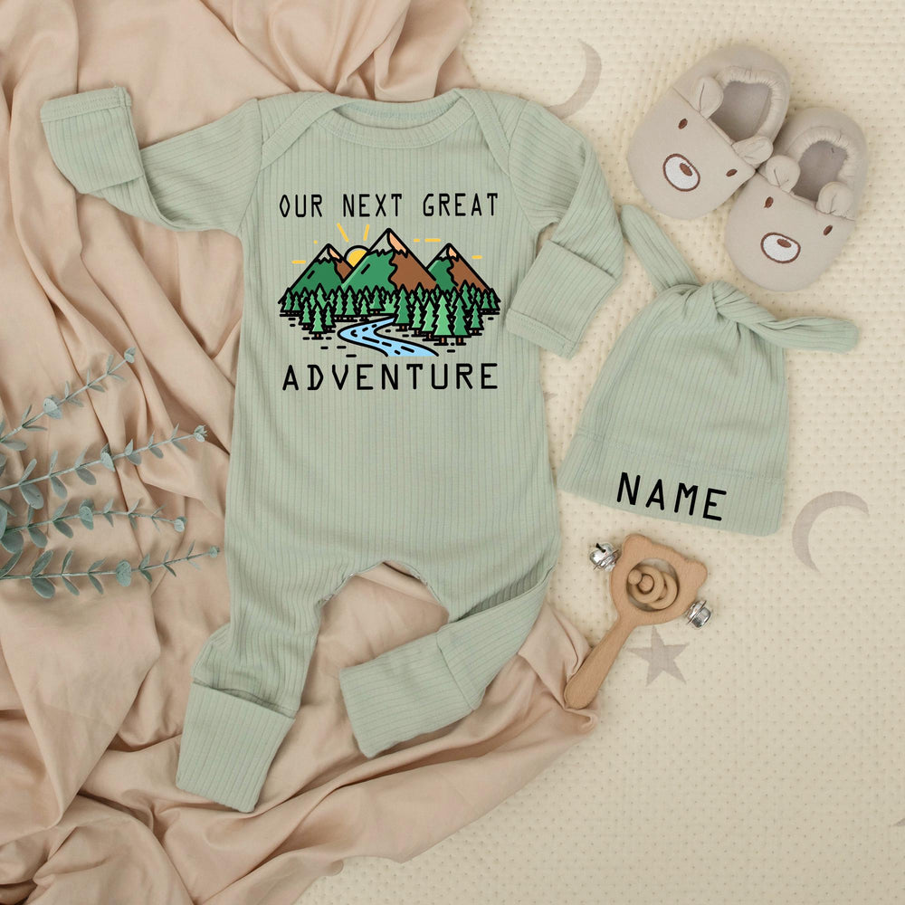 Our Next Great Adventure baby bodysuit and hat set, personalized newborn gift, nature-inspired outfit, custom name, going home clothes