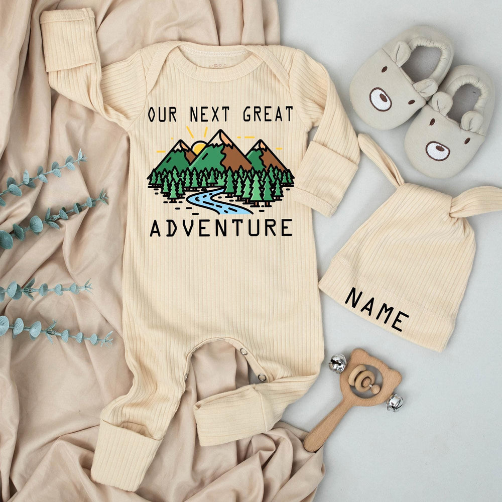 Our Next Great Adventure baby bodysuit and hat set, personalized newborn gift, nature-inspired outfit, custom name, going home clothes