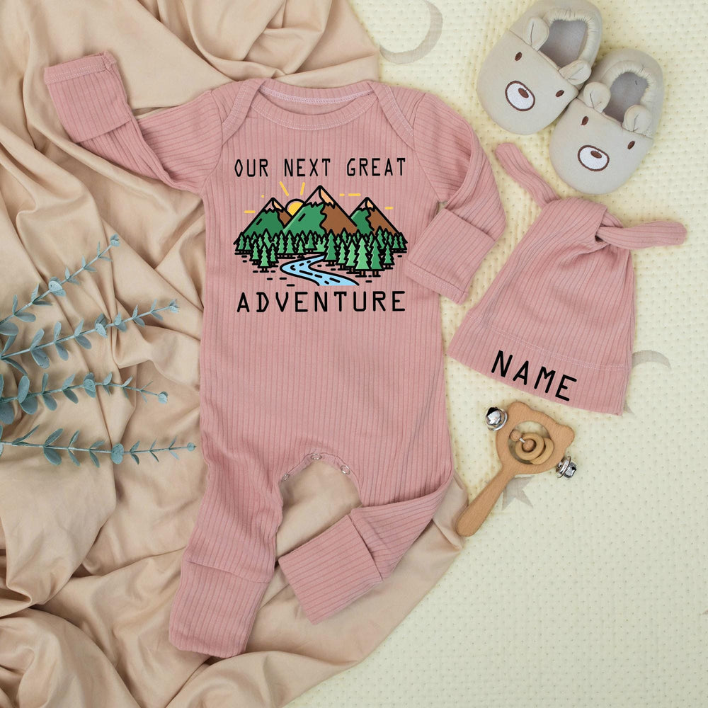 Our Next Great Adventure baby bodysuit and hat set, personalized newborn gift, nature-inspired outfit, custom name, going home clothes