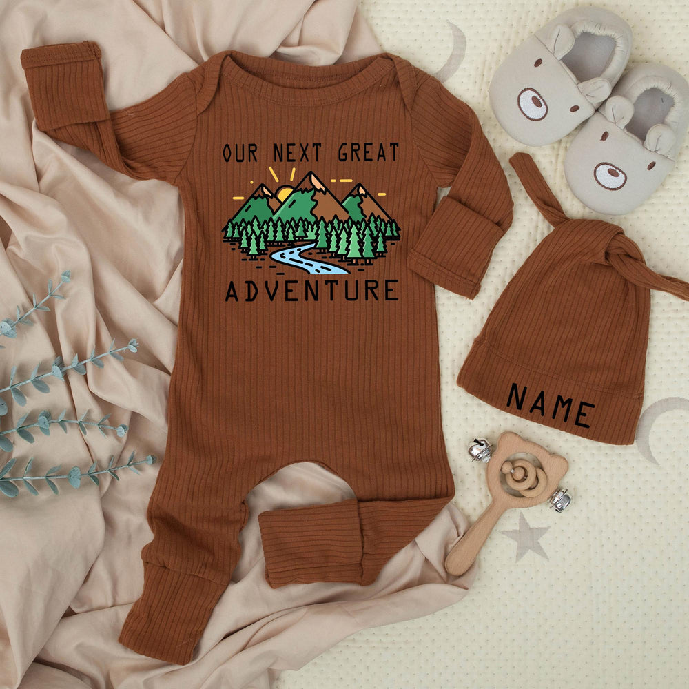 Our Next Great Adventure baby bodysuit and hat set, personalized newborn gift, nature-inspired outfit, custom name, going home clothes