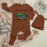 Our Next Great Adventure baby bodysuit and hat set, personalized newborn gift, nature-inspired outfit, custom name, going home clothes