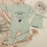 Out of Difficulties Grow Miracles Baby Bodysuit and Hat Set with 1 Peter 5:10 Scripture, Faith-Based Newborn Gift, Custom Name Option