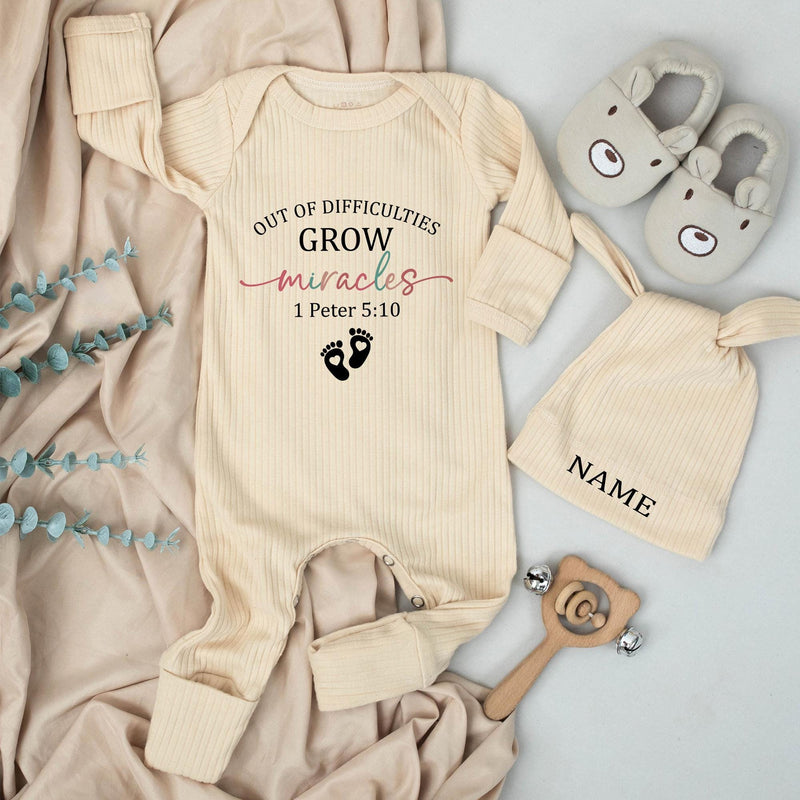 Out of Difficulties Grow Miracles Baby Bodysuit and Hat Set with 1 Peter 5:10 Scripture, Faith-Based Newborn Gift, Custom Name Option