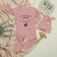 Out of Difficulties Grow Miracles Baby Bodysuit and Hat Set with 1 Peter 5:10 Scripture, Faith-Based Newborn Gift, Custom Name Option