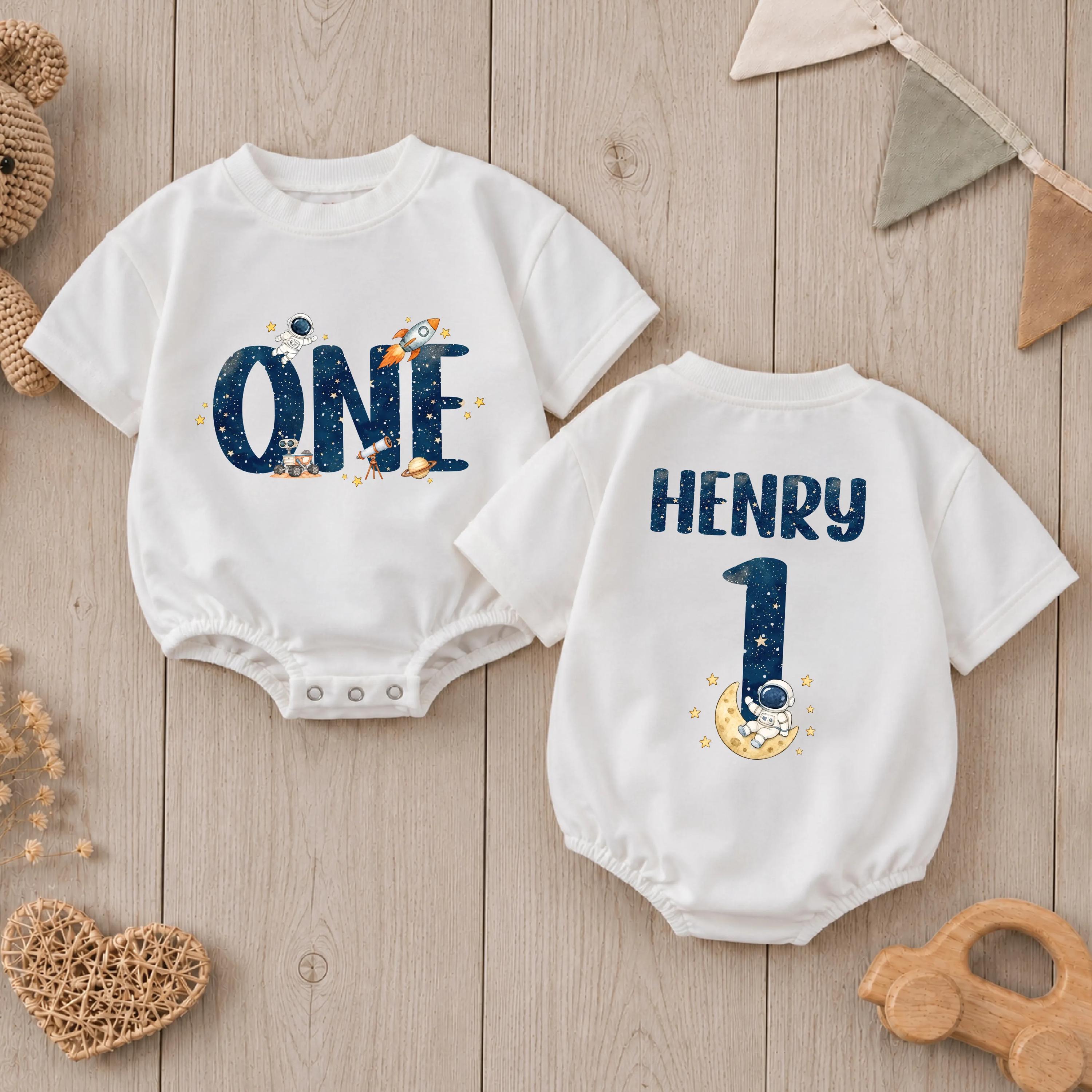 Outer Space Family Matching Shirts with Rocket and Star Artwork, Custom Name and Age, First Birthday Cake Smash Outfit Set